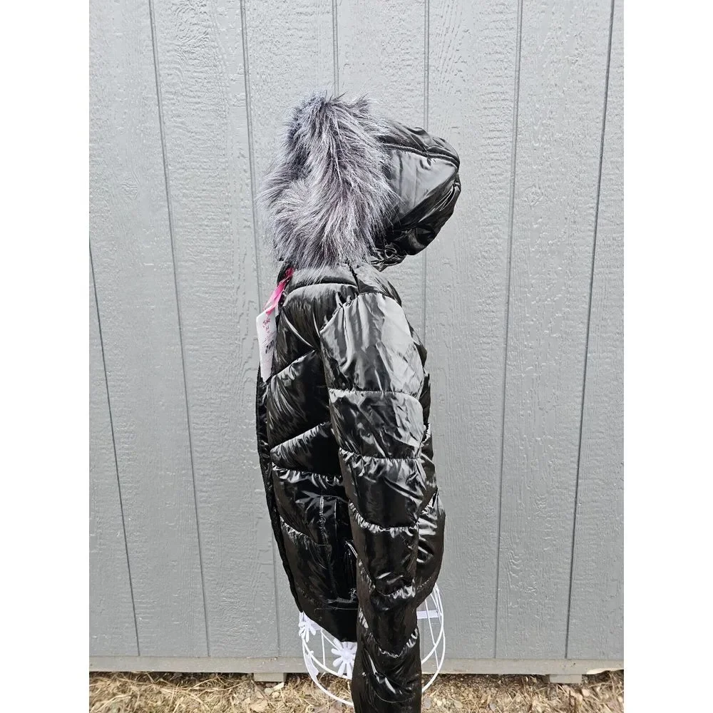 Justice Girls Black Puffer Jacket Hood Sherpa Lined Full Zip Pockets‎ Size S 7/8